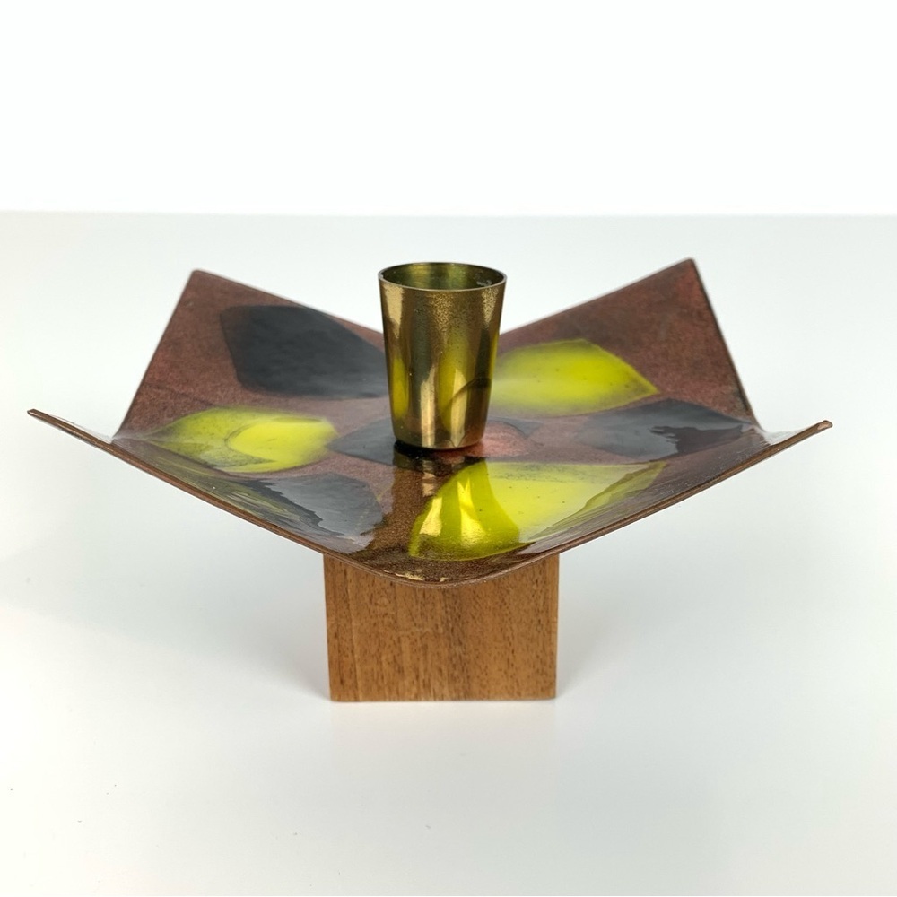 Signed Candle Holder Wood Enamel On Copper MCM Abstract Vtg Yellow Black Berul